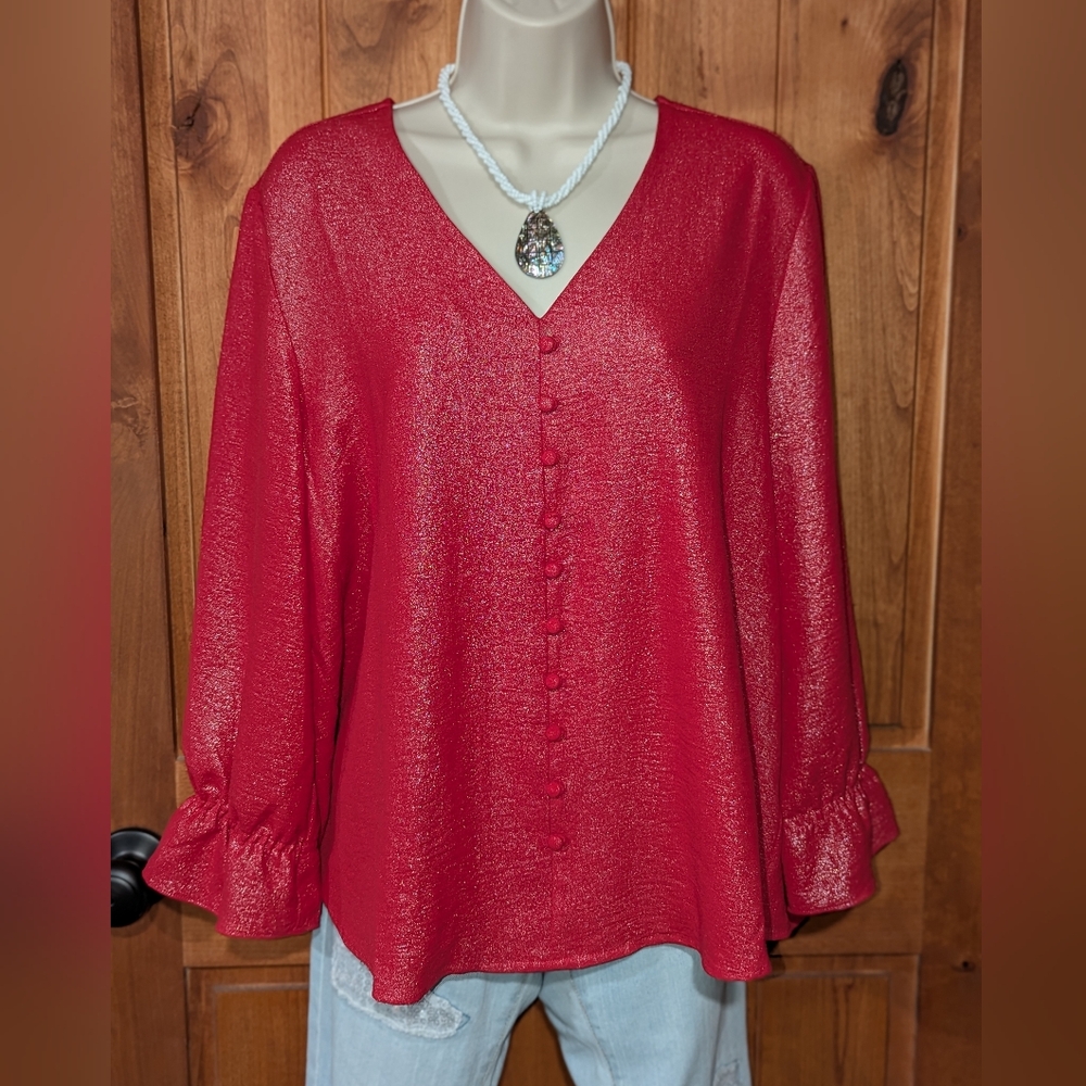 Hope & Harlow Chic Red Blouse With Silver Sheen And Faux Button-Down Front